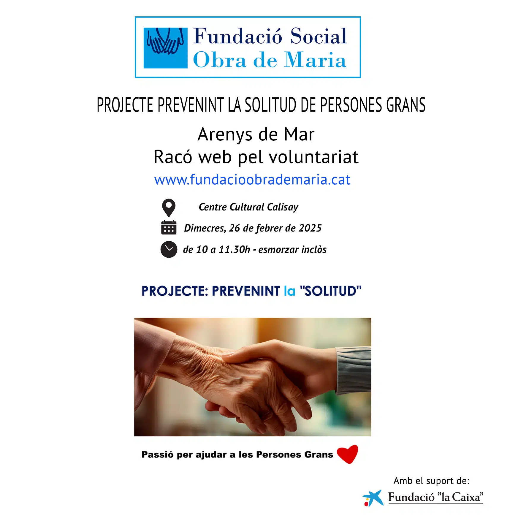 Jornada pel voluntariat d'Arenys de Mar pel que fa al projecte: Prevenint la solitud no volguda de les persones grans.